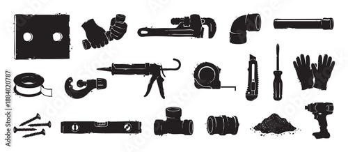 Collection of various plumbing and construction tools presented as black grunge-style silhouettes, including a wrench, pipes, level, and screwdriver for DIY projects