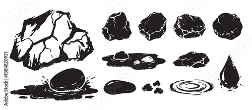 Collection of hand-drawn rock and water illustrations showing various stones, pebbles, splashes, and ripples in a black ink brush stroke graphic silhouette style