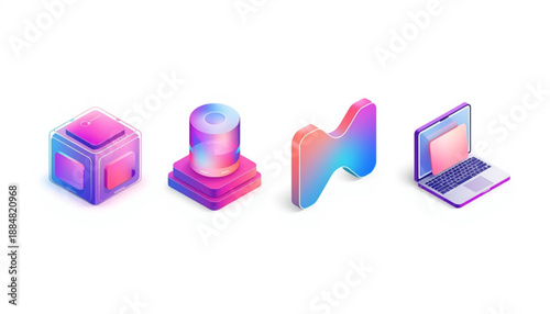 Cloud icon, wifi, and sync colorful 3d icons of cube, cylinder, puzzle piece, and laptop for design and technology concepts