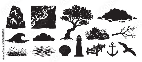 Collection of hand-drawn nautical silhouette icons including a lighthouse, wave, anchor, and tree in a rustic, monochrome woodcut style for coastal and maritime themes