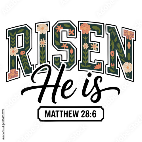 A religious typography design featuring the text
"RISEN He is" with "MATTHEW 28:6"