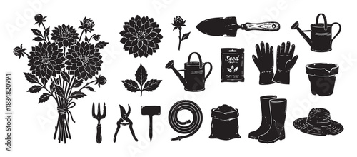 Set of black gardening tool and flower illustrations including dahlias, a watering can, and boots in a rustic, hand-drawn linocut or woodcut print style