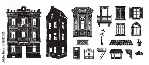 Set of black vintage architectural elements including building facades, windows, doors, and balconies in a graphic hand-drawn woodcut or linocut illustration style for construction