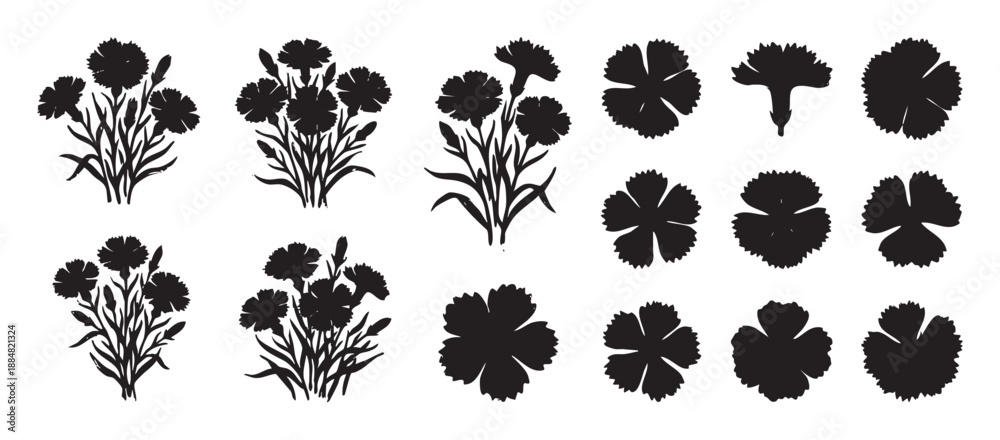 Fototapeta premium Black carnation flower silhouettes in a set of various bouquets and individual blooms, showcasing a graphic, minimalist style for botanical design elements and floral illustrations