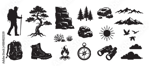 Set of black outdoor adventure silhouette icons showing a hiker, mountains, trees, compass, and other camping equipment in a rustic stamp and pixel art style illustration