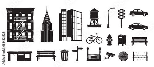 Collection of black city object silhouettes including buildings, cars, a bicycle, and street furniture in a graphic, minimalist vector illustration style for urban design