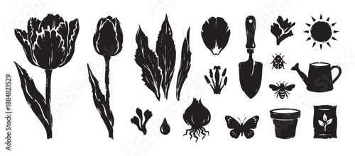 Black silhouette gardening elements collection in a rustic, hand-drawn woodcut style, featuring a tulip, bulb, trowel, pot, seeds, insects, and sun for a spring nature concept
