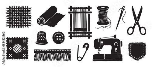 Collection of black sewing and weaving icons in a hand-drawn linocut style showing a sewing machine, loom, scissors, thread, and other tailoring tools for crafting