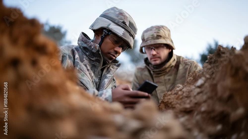defense technology demonstration, professional soldiers testing communication and protection equipment in controlled environment, focus on innovation and precision defense 4K