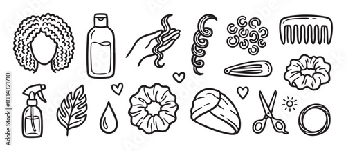 Set of hand-drawn curly hair care icons including shampoo, scrunchie, comb, and scissors for a beauty routine, presented in a black and white doodle style illustration collection