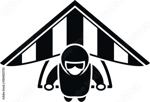 Person with helmet and goggles flying a hang glider, viewed from above