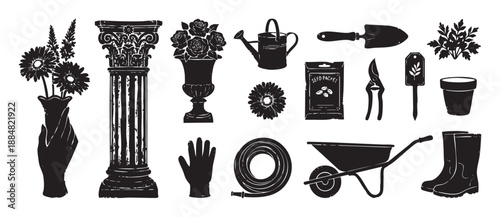 Collection of black gardening and floral icons with a distressed woodcut texture, featuring tools, flowers in vases, a classical column, and other horticultural elements