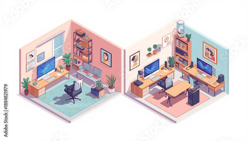 Cloud icon, wifi, and sync isometric illustration of two colorful home office spaces with furniture and plants