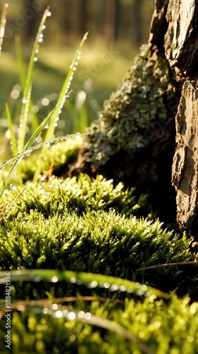 Morning Dew Drops On Lush Green Moss And Grass At Forest Floor Sunlight Shimmering