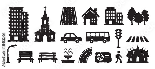 Collection of black city life icons with a distressed, pixelated style, featuring buildings, transportation, and street furniture for urban design and mapping concepts