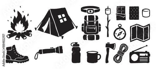 Collection of hand-drawn black camping icons including a tent, campfire, backpack, and compass for outdoor adventure and survival themes in a simple stamp style illustration