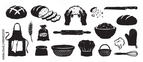 Set of hand-drawn bread making elements featuring a loaf, flour sack, apron, rolling pin, and other kitchen utensils in a bold black silhouette graphic illustration