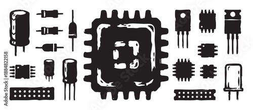 Collection of hand-drawn electronic components including a microprocessor, capacitors, transistors, and resistors in a rough, graphic, black and white illustrative style