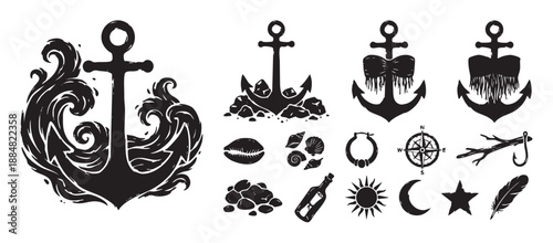 Set of black nautical themed icons including anchors, a compass, shells, and a message in a bottle, rendered in a hand-drawn, graphic woodcut illustration style for design elements