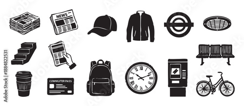 Set of black and white commuter icons featuring a newspaper, backpack, bicycle, and coffee in a hand-drawn graphic style for urban life and public transport concepts