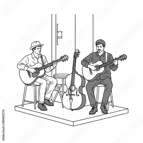 Acoustic Duo Playing Guitars and Double Bass Line Art