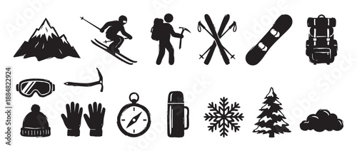 Set of black winter sport and mountain activity icons featuring a skier, snowboard, backpack, and hiking gear in a hand-drawn grunge silhouette illustration style