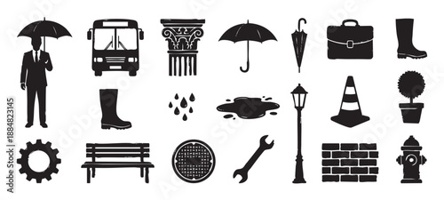 Collection of black hand-drawn urban icons and city life elements including a businessman with an umbrella, a bus, a bench, a lamppost, a puddle, and a fire hydrant