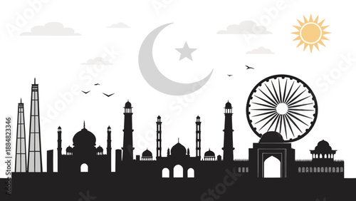 India and Pakistan Cultural Heritage Skyline Illustration with Iconic Landmarks, Ashoka Chakra, Crescent Moon, and Sun Symbols