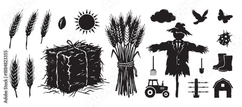 Collection of black farm and agriculture icons in a vintage linocut style including a scarecrow, wheat, tractor, hay bale, barn, and other rural elements