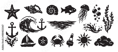 Collection of black nautical marine icons in a hand-drawn stamp style, featuring an anchor, wave, fish, shell, crab, and sailboat for various design elements