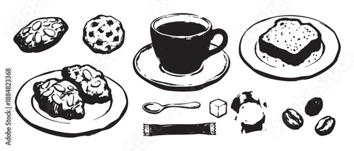 Hand-drawn vector collection of coffee elements including a cup, saucer, spoon, sugar, beans, and assorted pastries in a black and white linocut style