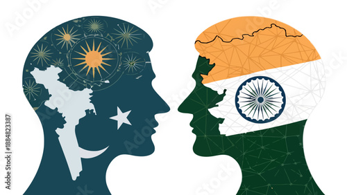 India and Pakistan Bilateral Relations and National Identity Concept Illustration with Profile Silhouettes and Country Maps