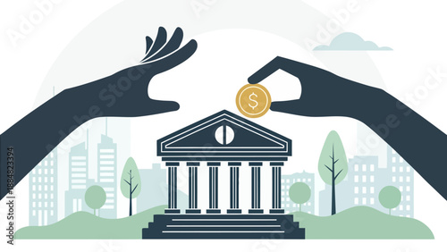 Urban Banking and Investment Transaction Illustration with Hands Depositing a Dollar Coin into a Bank Building in a Cityscape