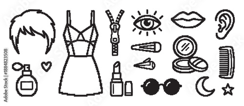 Set of black and white pixelated icons depicting fashion, beauty, and feminine accessories like a dress, lipstick, and sunglasses in a retro Y2K computer graphic aesthetic