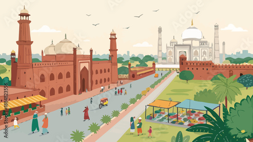 Iconic Taj Mahal and Historic Mughal Fort with a Lively Street Market Scene in India - Traditional Vector Illustration