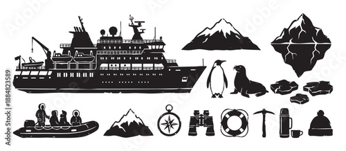 Collection of black and white arctic expedition icons featuring a research ship, penguin, seal, iceberg, and exploration equipment in a graphic linocut vector illustration style