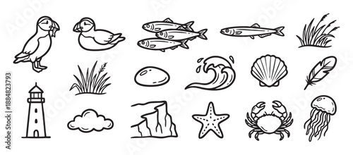 Set of hand-drawn coastal icons featuring a puffin, lighthouse, crab, fish, and other marine life elements in a simple black and white line art doodle style collection