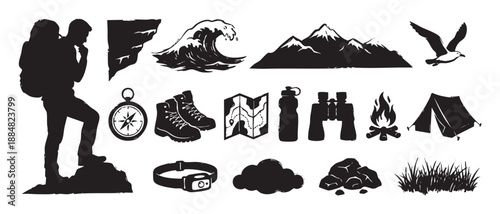 Black vector icon collection for outdoor adventure featuring a hiker, mountain, tent, compass, campfire, and other travel and exploration symbols