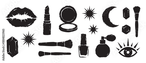 Collection of black grunge style icons featuring cosmetics like lipstick and perfume with mystical celestial symbols such as a moon, stars, and crystals in a distressed stamp texture