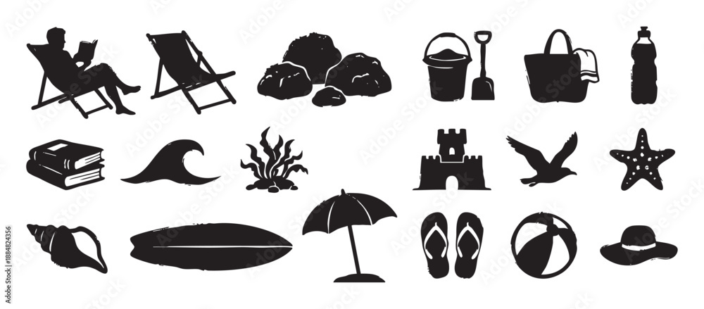 Obraz premium Collection of hand-drawn beach vacation silhouettes featuring a person reading, a sandcastle, surfboard, and other summer holiday elements in a graphic stamp style