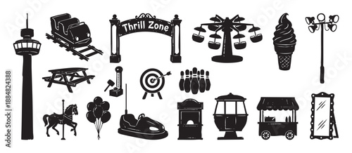 Collection of black amusement park icons featuring a roller coaster, carousel, swing ride, and carnival games in a hand-drawn graphic illustration style for entertainment concepts