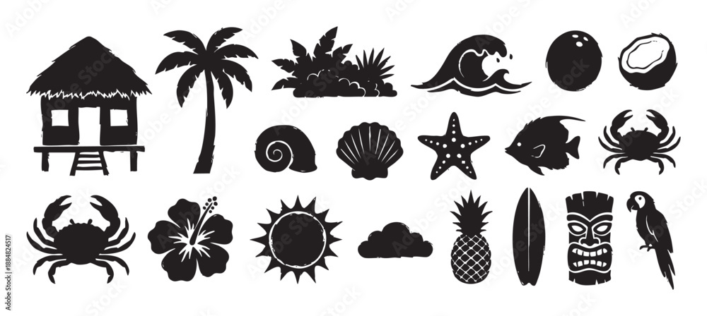 Fototapeta premium Collection of black tropical summer icons with a hand-drawn grunge stamp texture, featuring a tiki hut, palm tree, surfboard, hibiscus flower, crab, and pineapple