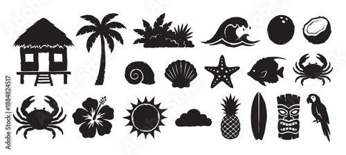 Collection of black tropical summer icons with a hand-drawn grunge stamp texture, featuring a tiki hut, palm tree, surfboard, hibiscus flower, crab, and pineapple