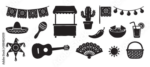 Collection of black hand-drawn icons representing a festive Latin celebration with a sombrero, guitar, cactus, piñata, and food in a charming linocut vector style