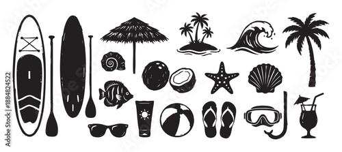 Set of black summer beach icons featuring a surfboard, palm tree, cocktail, and other tropical vacation elements in a hand-drawn, graphic silhouette style illustration