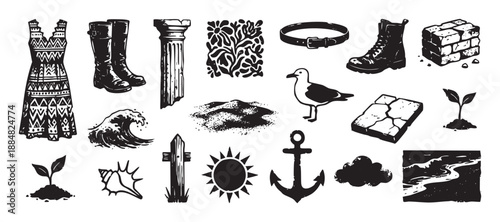 Diverse collection of black and white linocut style illustrations featuring nature, clothing, and architectural elements in a graphic, hand-drawn, and rustic design set