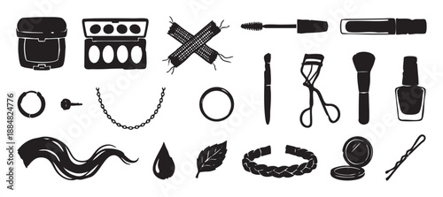 Collection of black hand-drawn beauty and accessory icons including makeup, jewelry, and hair styling tools in a simple graphic silhouette illustration set