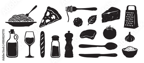 Collection of black hand-drawn Italian food icons including pasta, pizza, wine, cheese, and ingredients in a rustic linocut style illustration set for culinary design