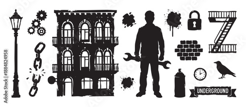 Set of black industrial grunge silhouettes featuring an old building, a worker with a wrench, a fire escape, a broken chain, and other urban vector elements