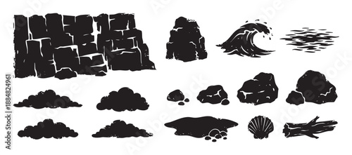 Collection of black nature silhouettes featuring rocks, cliffs, a wave, a seashell, and driftwood in a graphic woodcut style illustration set for design elements